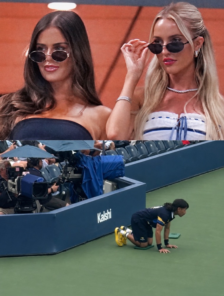 Two spectators lowering their sunglasses above a photo of a ball person crouched beside a Kalshi-branded courtside wall.